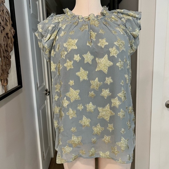 LOFT blue gray chiffon short sleeve blouse with gold stars - Picture 2 of 14